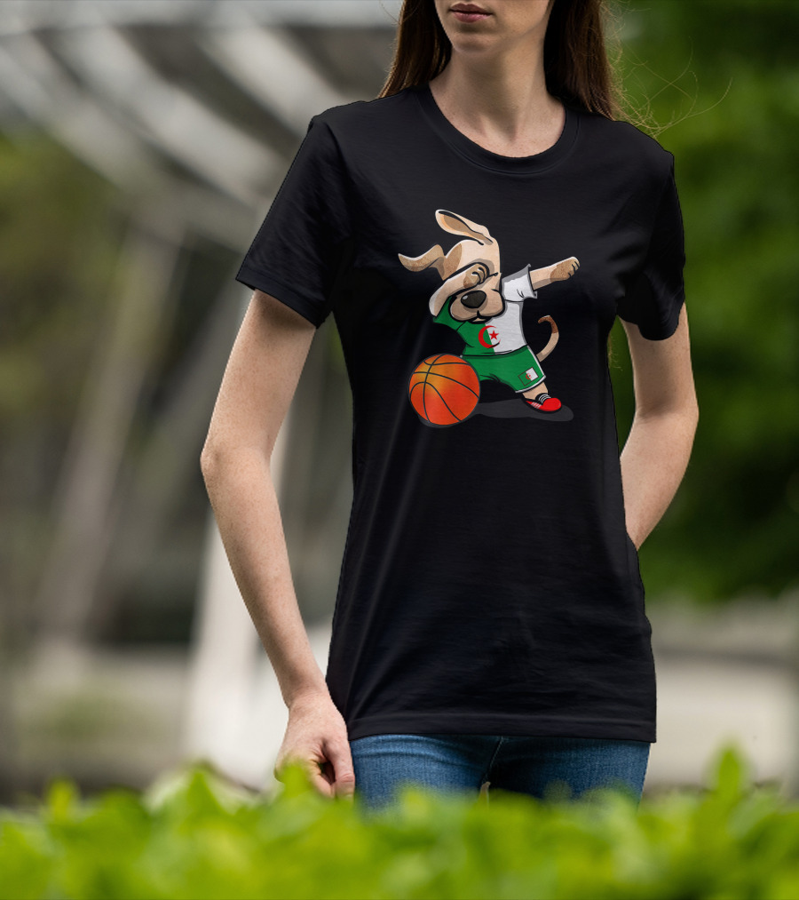 Dog Dabbing Basketball Algeria Flag Jersey T-Shirt