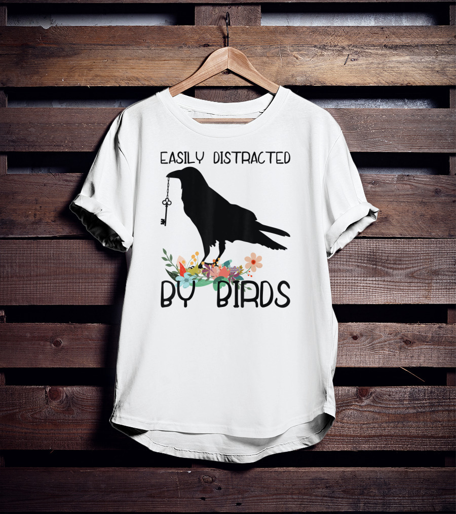 Easily Distracted By Birds Silhouette Of Bird With Key And Floral Elements T-Shirt