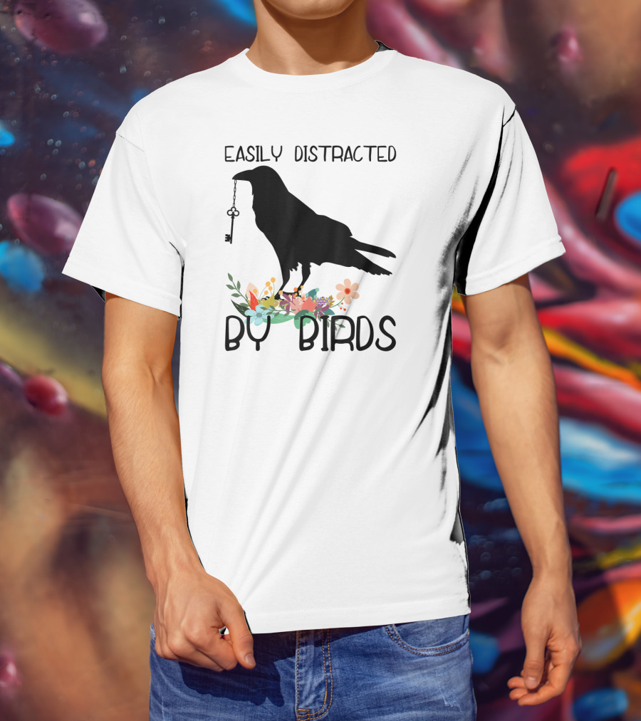 Easily Distracted By Birds Silhouette Of Bird With Key And Floral Elements T-Shirt