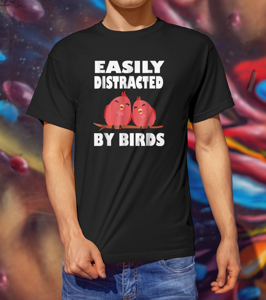 Easily Distracted By Birds Red Cartoon Style Bird Pair T-Shirt