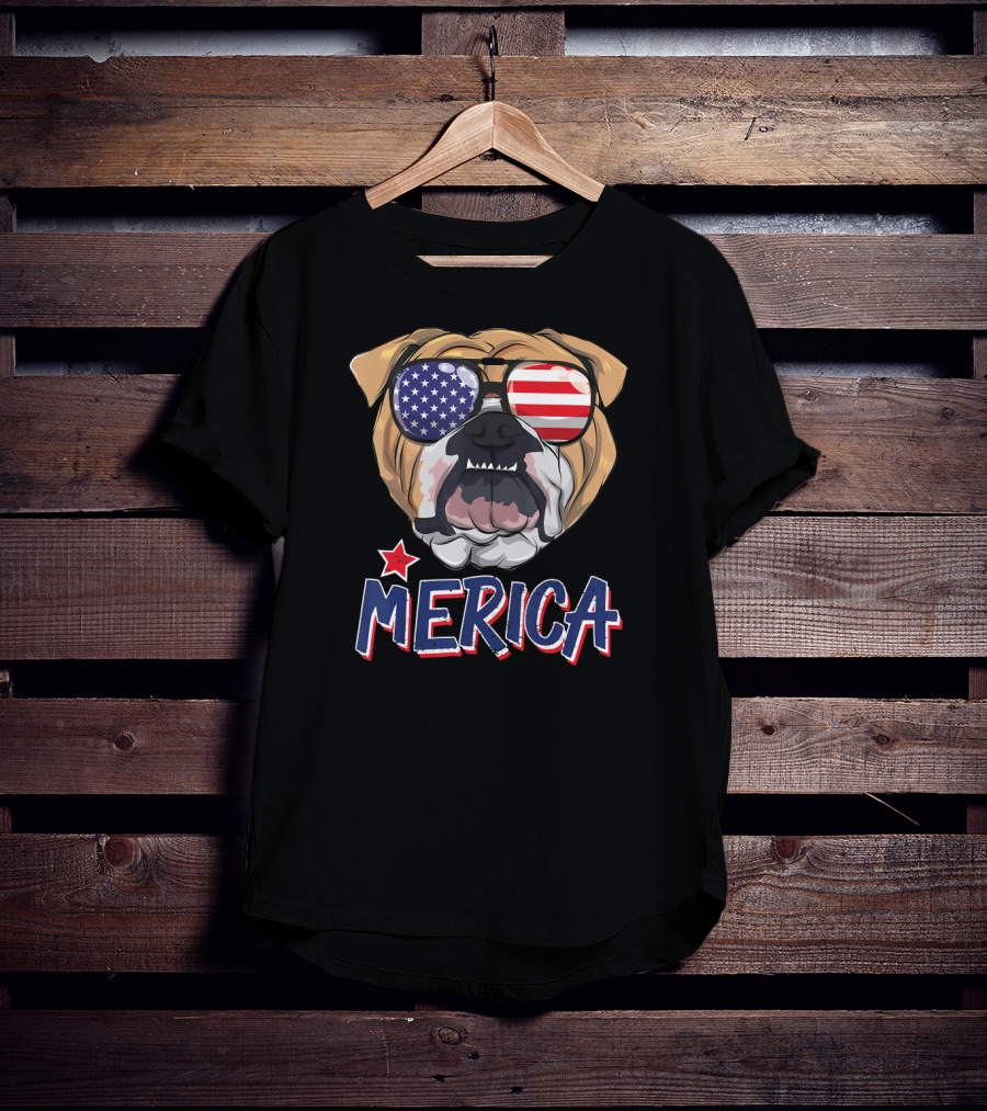 English Bulldog Merica American Flag Sunglasses T-Shirt