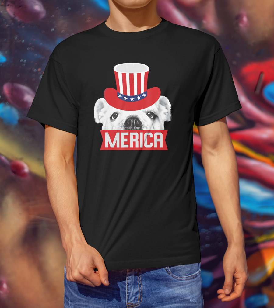 Merica English Bulldog Patriotic Top Hat Fourth Of July T-Shirt