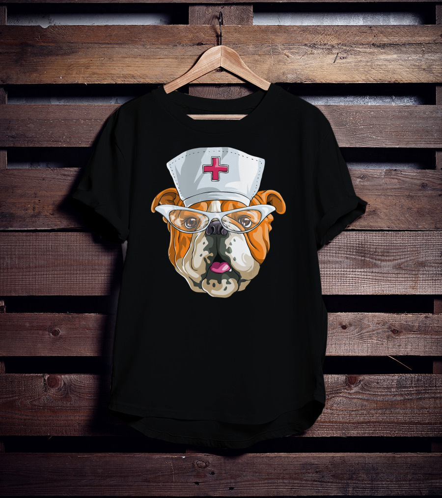 English Bulldog Nurse Hat Glasses Dog T-Shirt