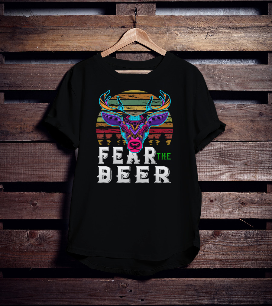 Fear The Deer Colorful Deer Head And Sunset Stripes T-Shirt
