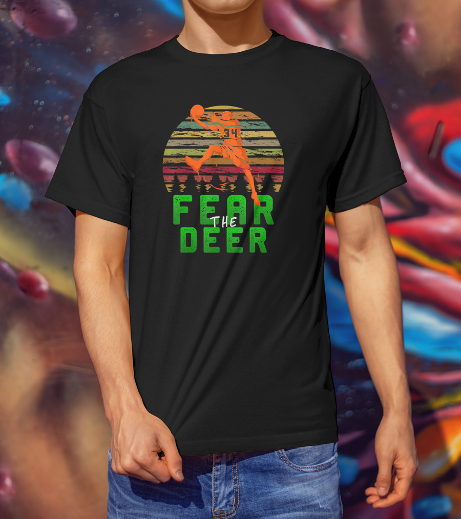 Fear The Deer 34 Milwaukee Basketball Retro Sunset Forest Jumper T-Shirt