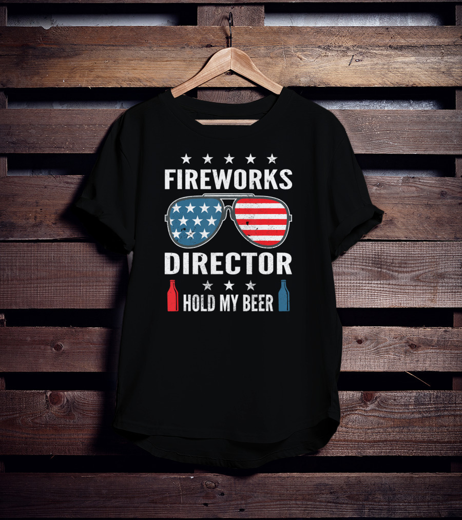 Fireworks Director Hold My Beer American Flag Sunglasses With Stars And Beer Bottles T-Shirt