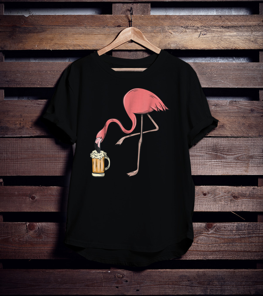 Funny Pink Flamingo Drinking Beer Illustrative Humor T-Shirt