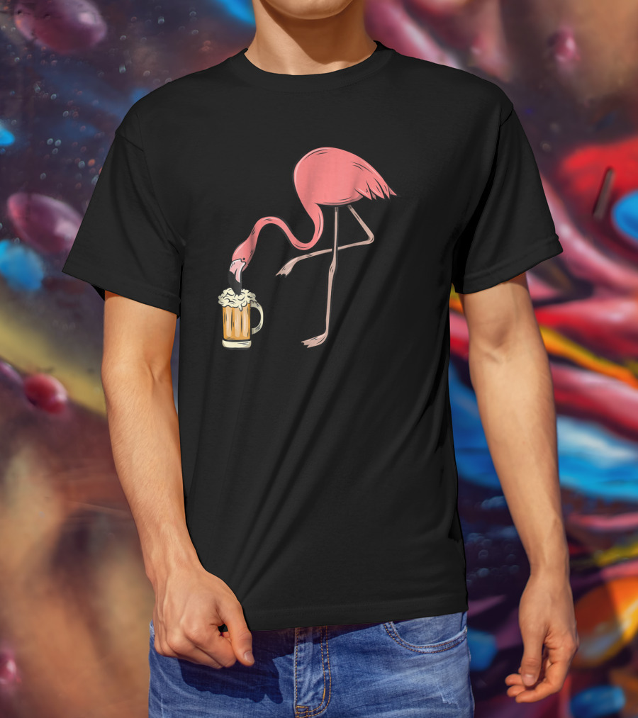 Funny Pink Flamingo Drinking Beer Illustrative Humor T-Shirt
