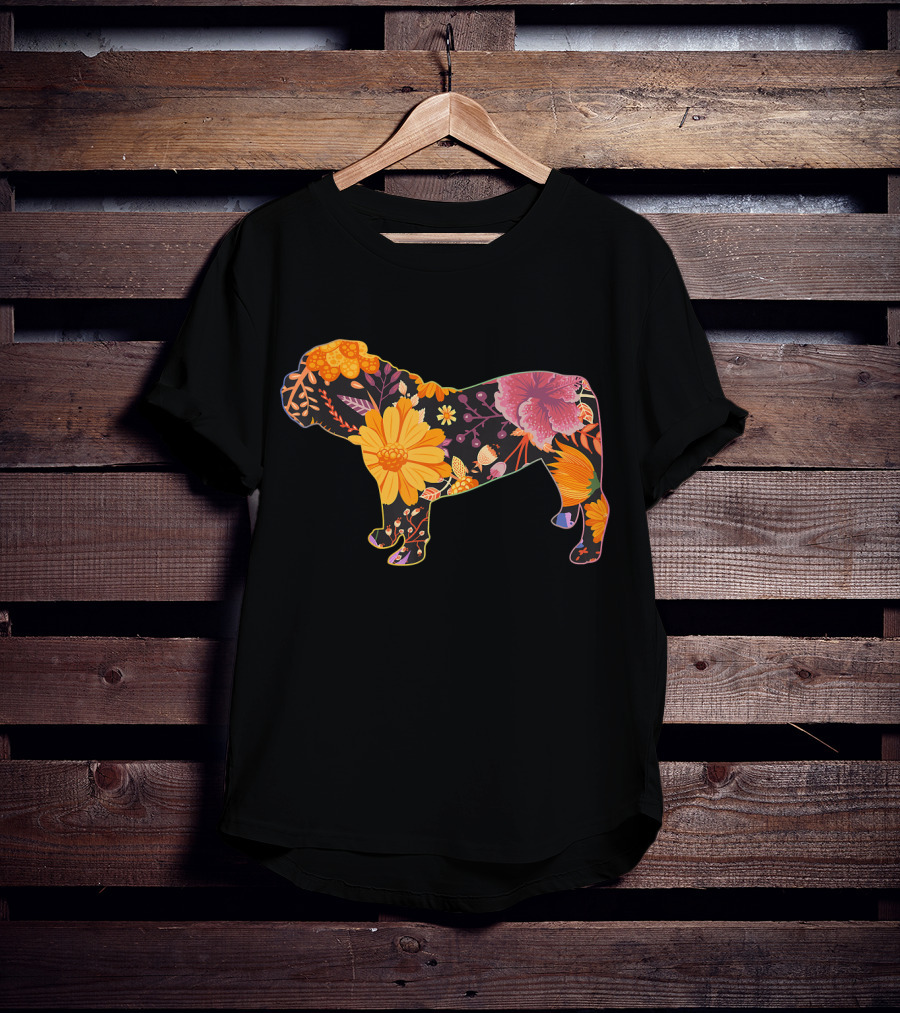 Floral Flower Vintage Bulldog Silhouette With Colorful Botanical T-Shirt
