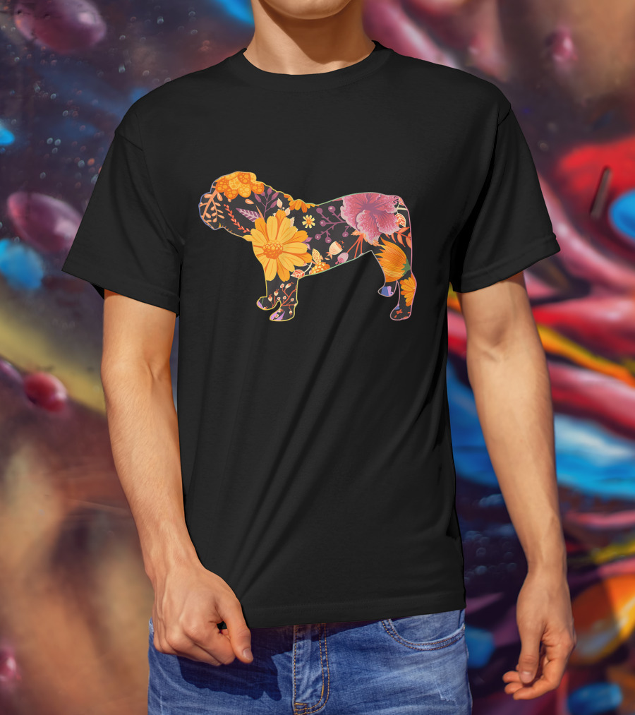 Floral Flower Vintage Bulldog Silhouette With Colorful Botanical T-Shirt