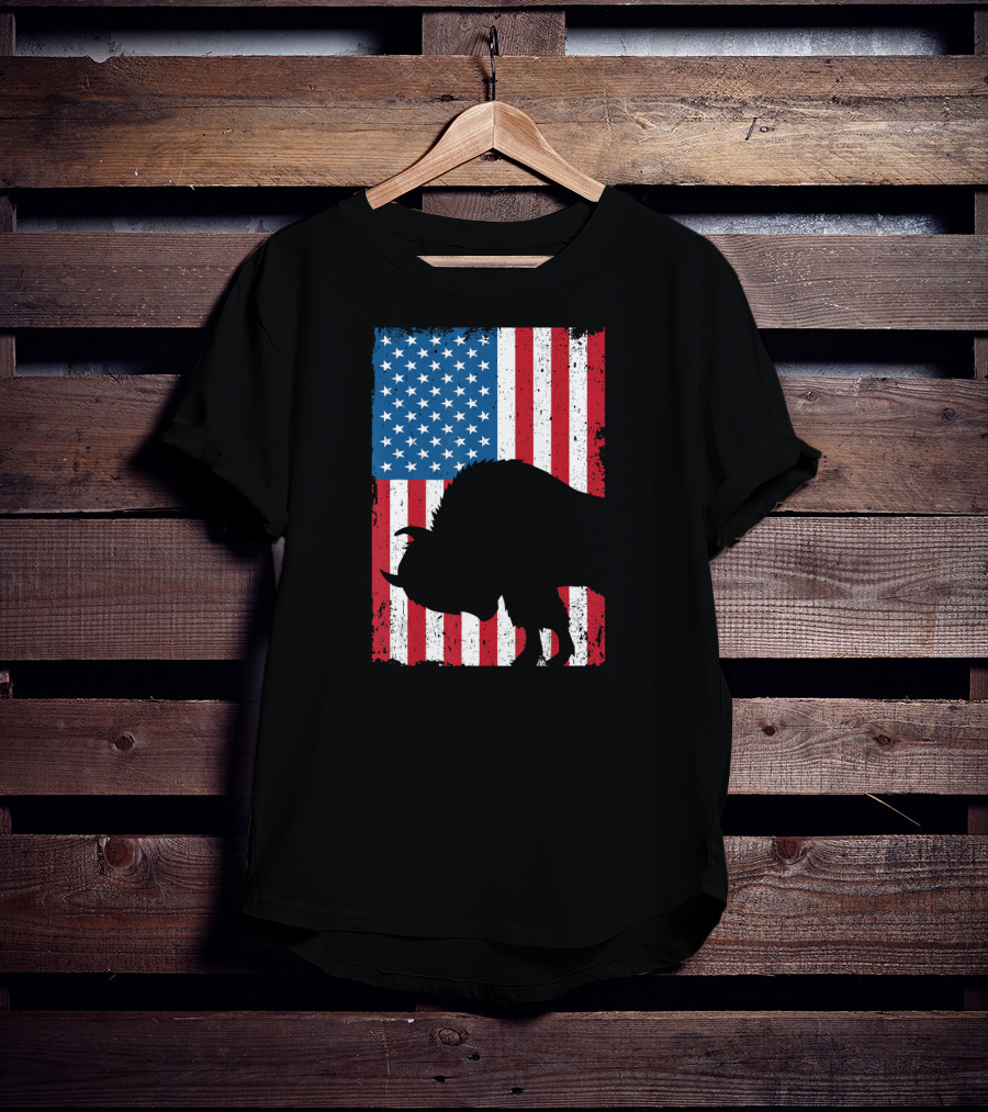 Fourth Of July Bison Patriot American Flag Silhouette Independence Day T-Shirt