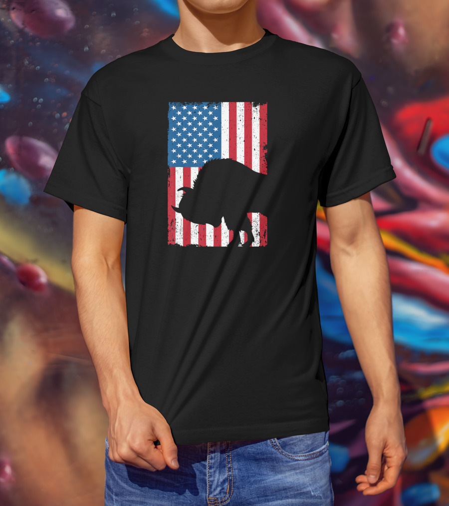 Fourth Of July Bison Patriot American Flag Silhouette Independence Day T-Shirt