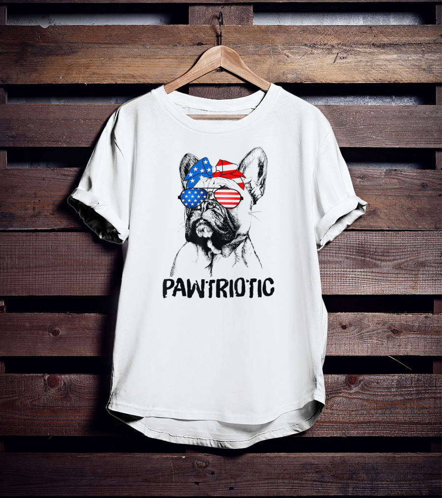 Pawtriotic French Bulldog With American Flag Bandana And Sunglasses T-Shirt