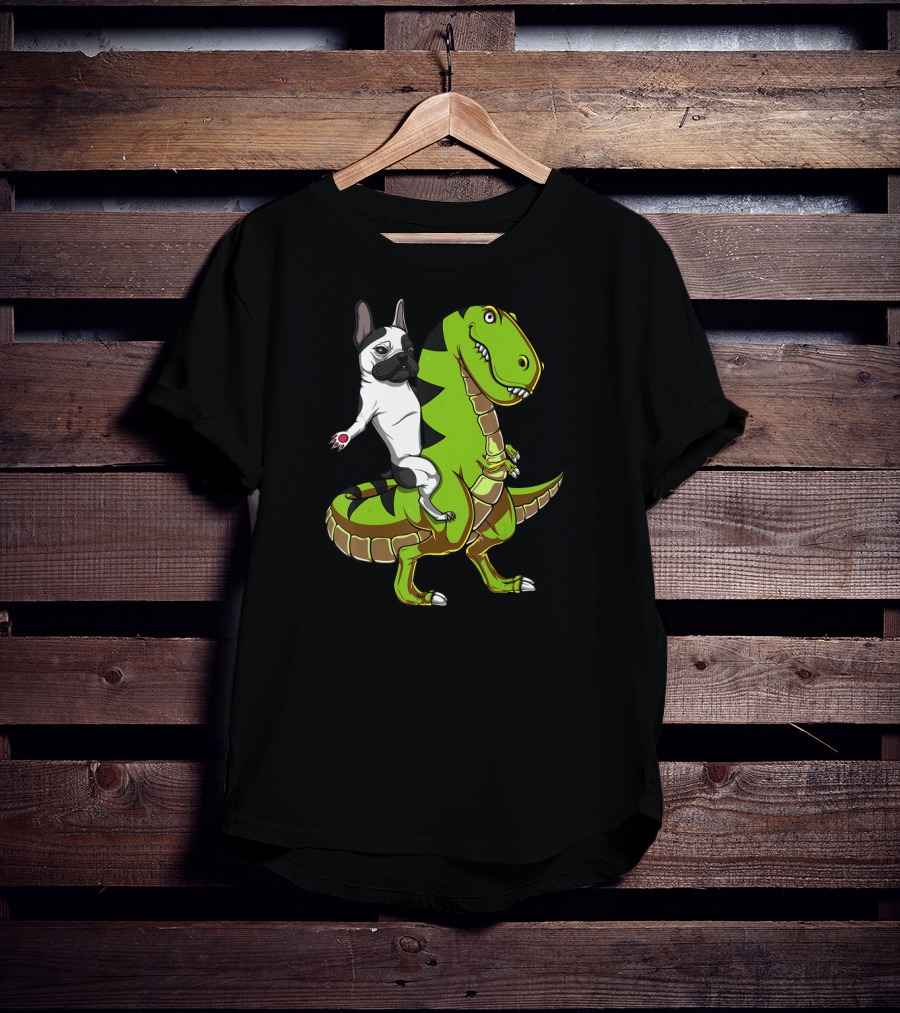 French Bulldog Riding T-Rex Dinosaur Adventure T-Shirt