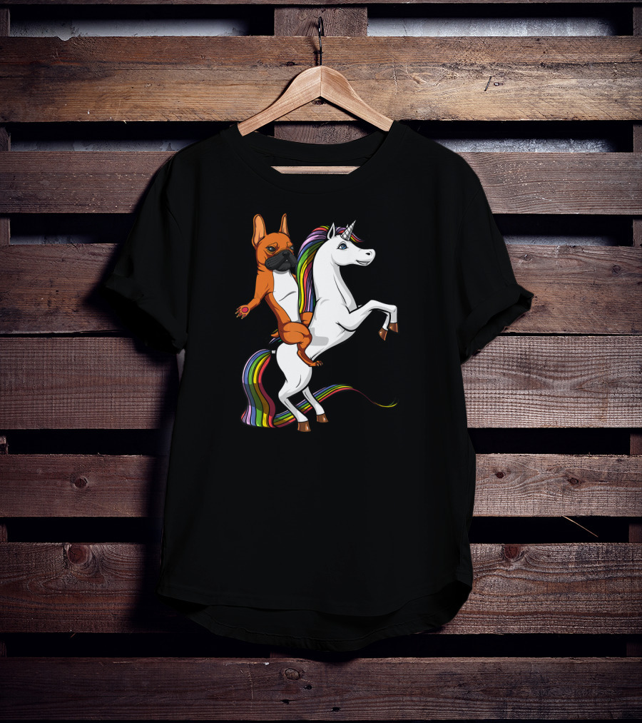 French Bulldog Riding Rainbow Unicorn Funny Dog T-Shirt