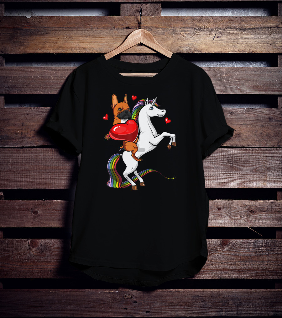 French Bulldog With Heart On Rainbow Unicorn Valentine's T-Shirt
