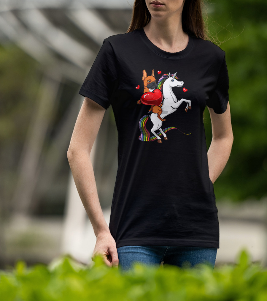French Bulldog With Heart On Rainbow Unicorn Valentine's T-Shirt