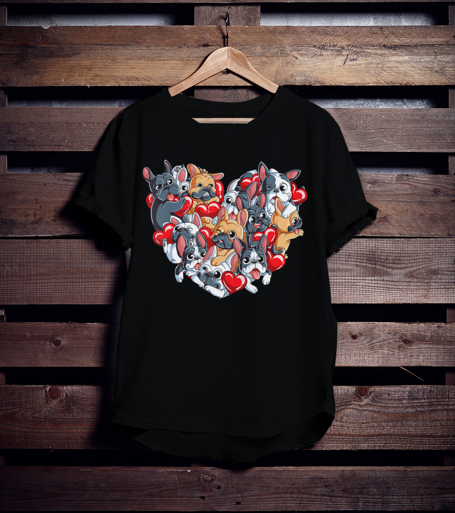 French Bulldog Valentines Day Heart With Cute Puppies And Red Hearts T-Shirt