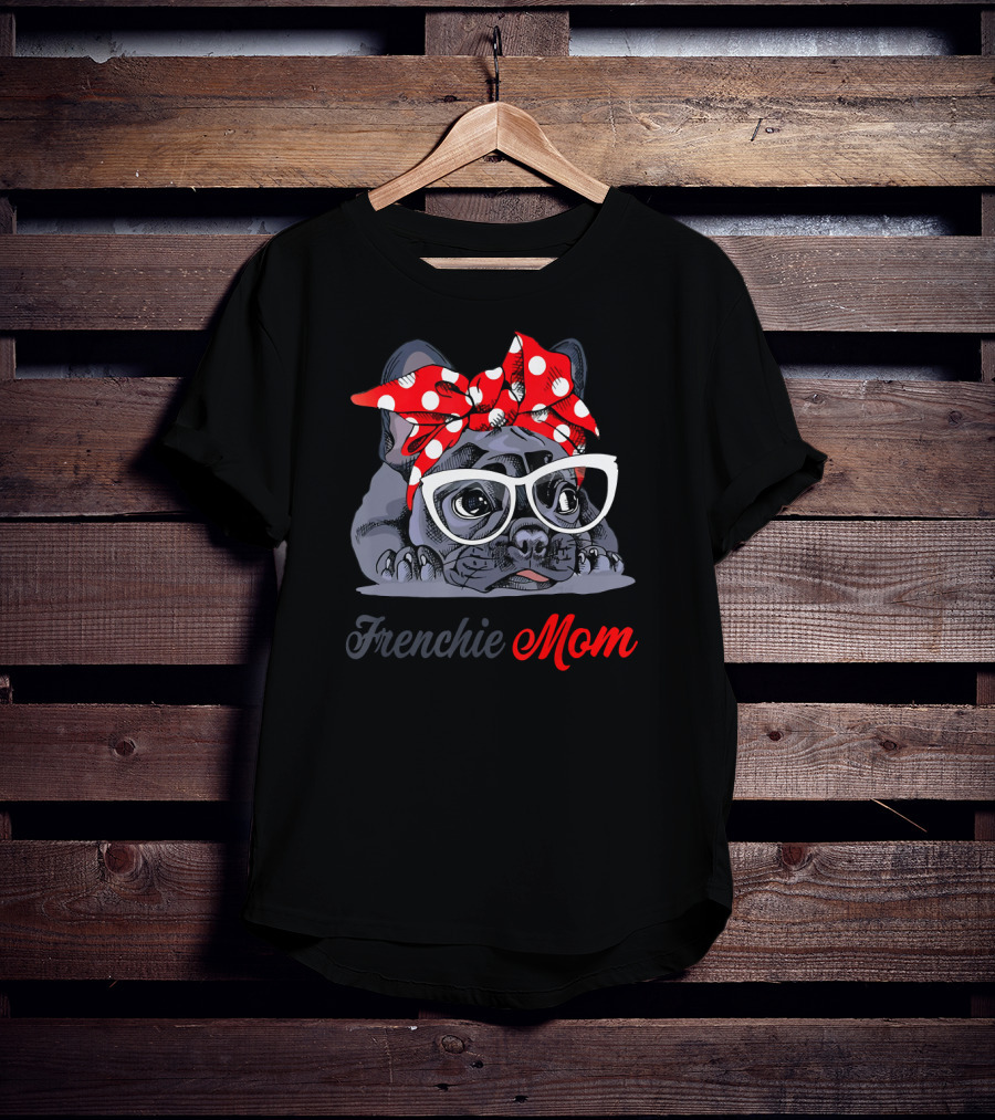 Frenchie Mom With Stylish Glasses And Red Polka Dot Bow French Bulldog Love T-Shirt