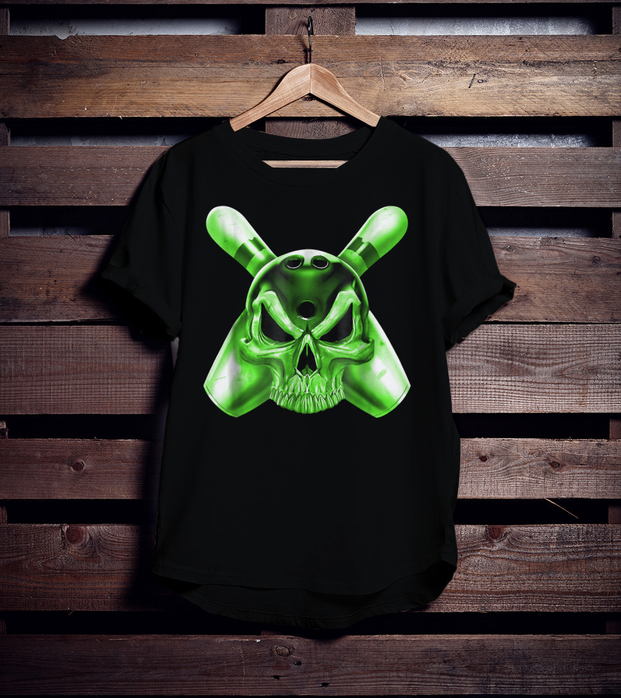 Bowling Skull Crossed Pins Green T-Shirt