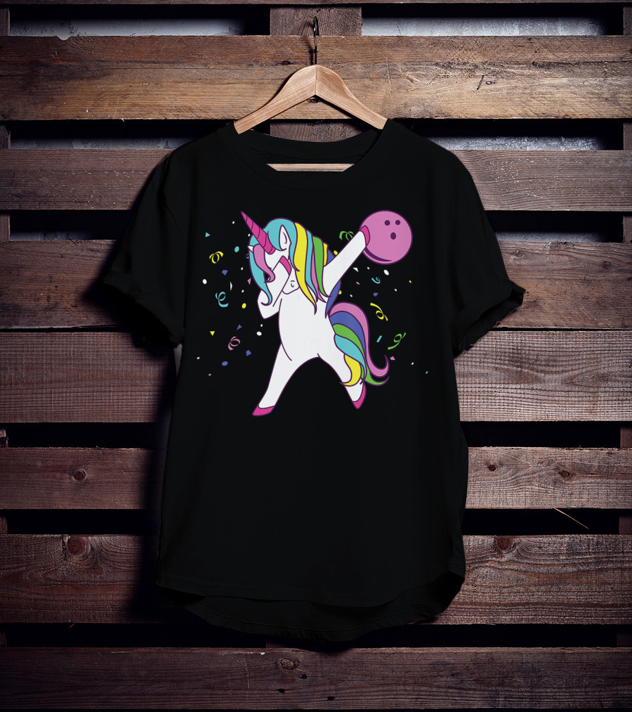 Funny Dabbing Unicorn With Colorful Bowling Ball And Confetti T-Shirt