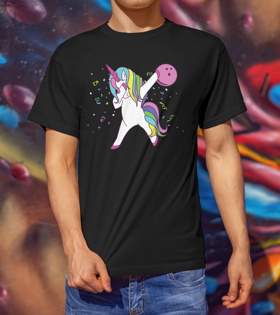 Funny Dabbing Unicorn With Colorful Bowling Ball And Confetti T-Shirt