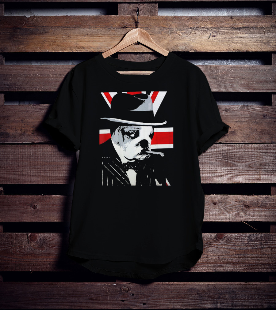 Funny English Bulldog Smoking Cigar Wearing Hat With Union Jack Background T-Shirt