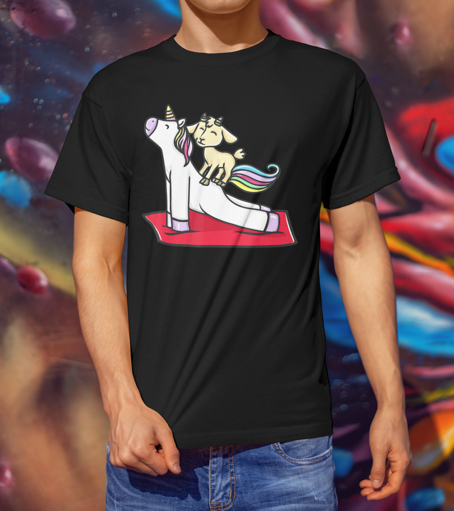 Goat Balancing On Yoga Unicorn Rainbow Mane T-Shirt