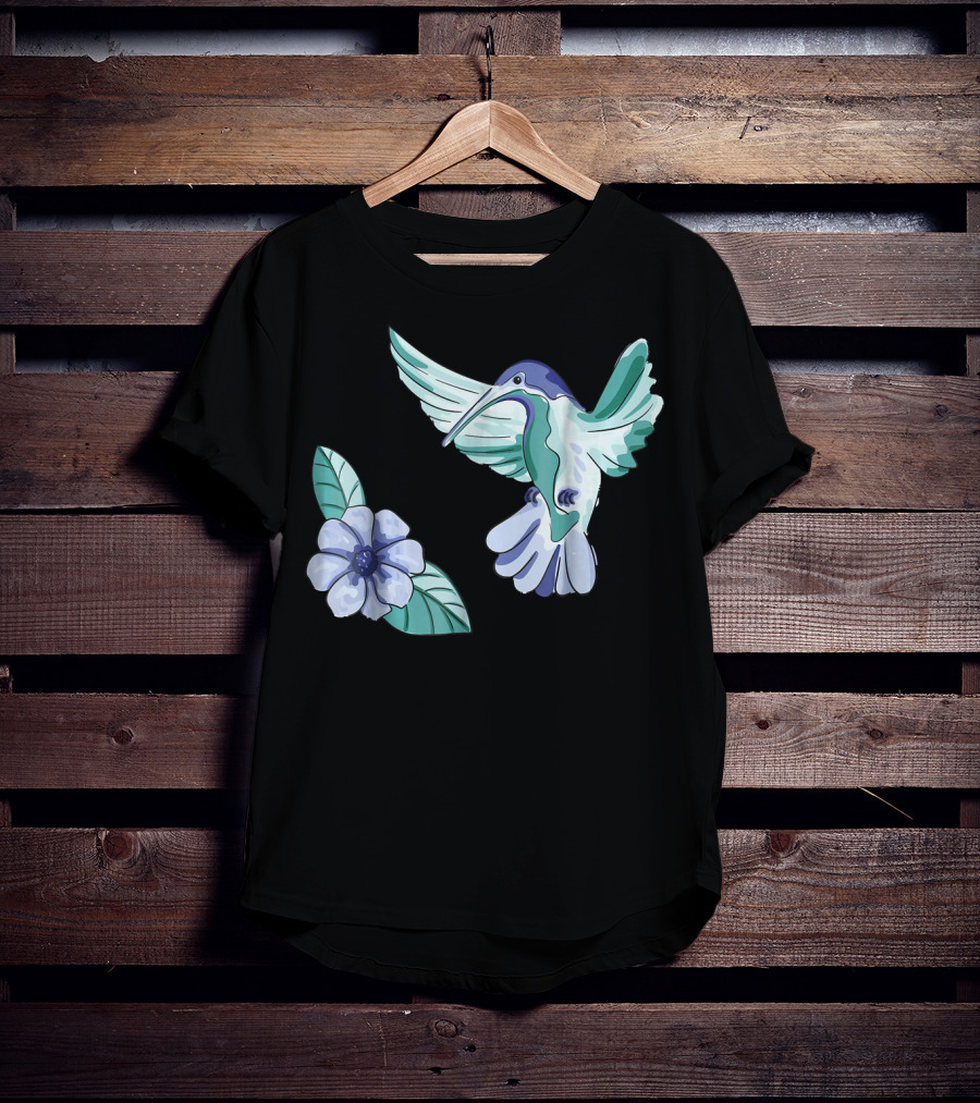 Green And Blue Hummingbird With White And Blue Flower T-Shirt
