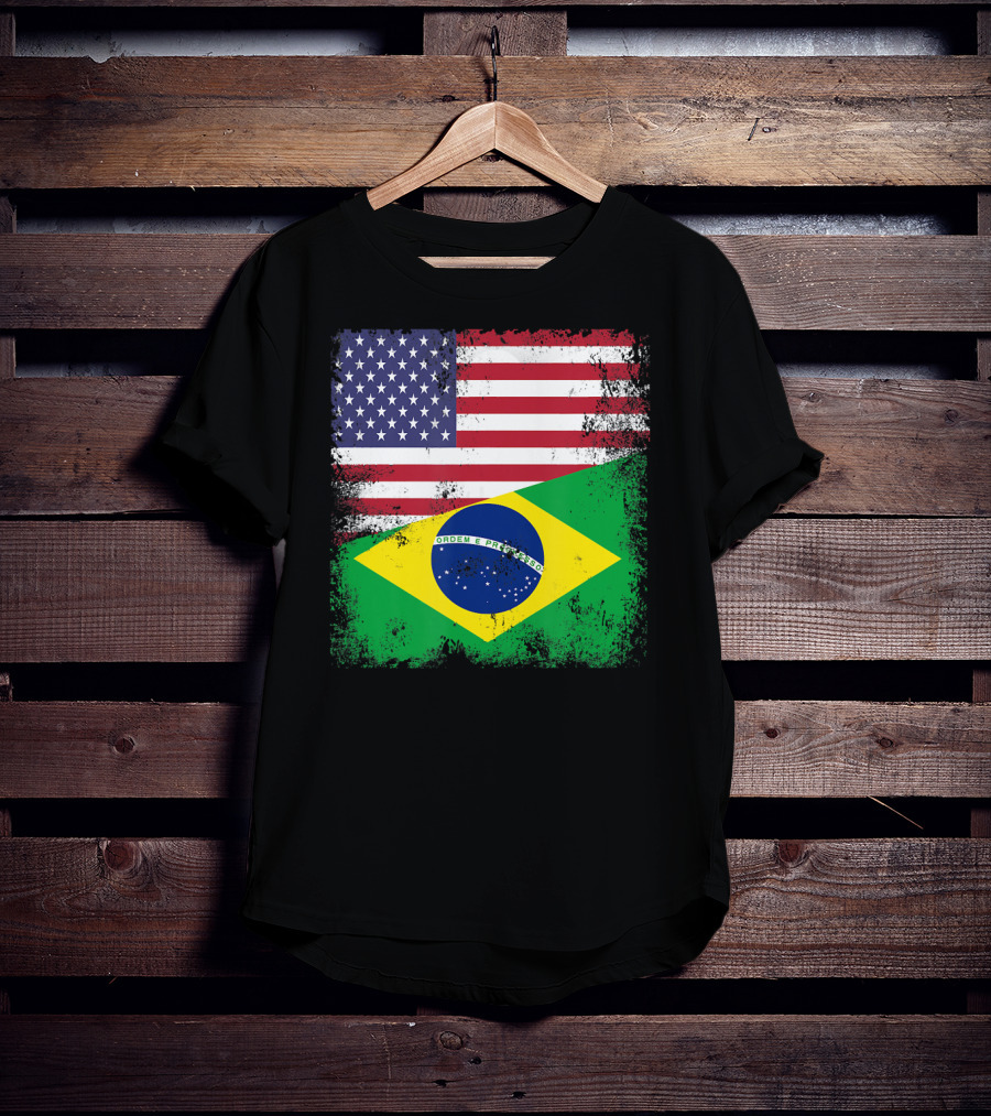 Vintage Half Brazilian Half American Flag Brazil U T-Shirt