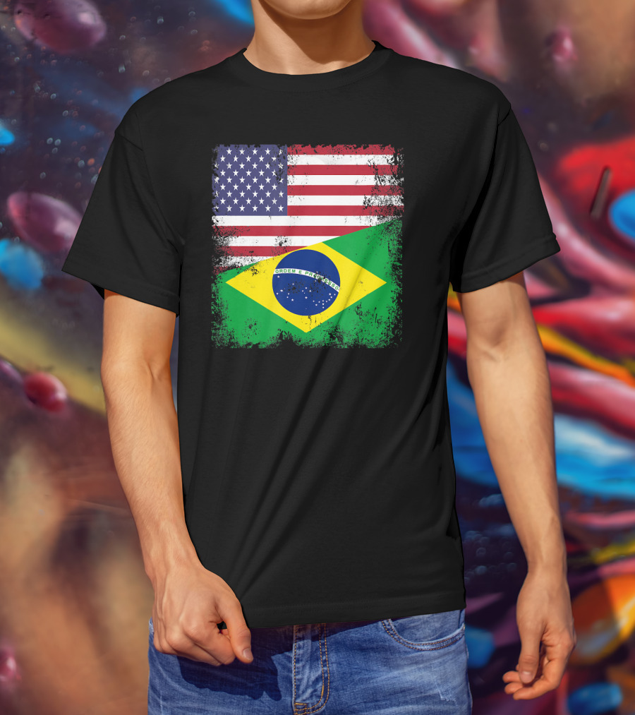Vintage Half Brazilian Half American Flag Brazil U T-Shirt