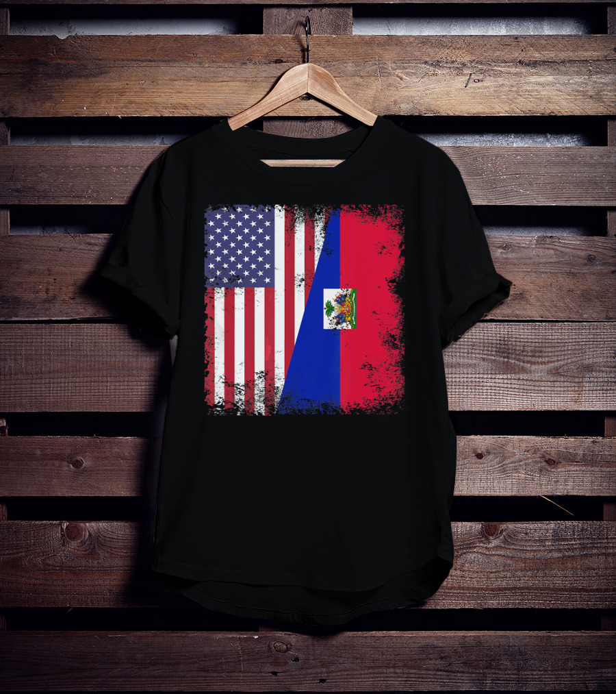 Half Haitian Flag Vintage Haiti U USA Grunge Style Flag Fusion T-Shirt