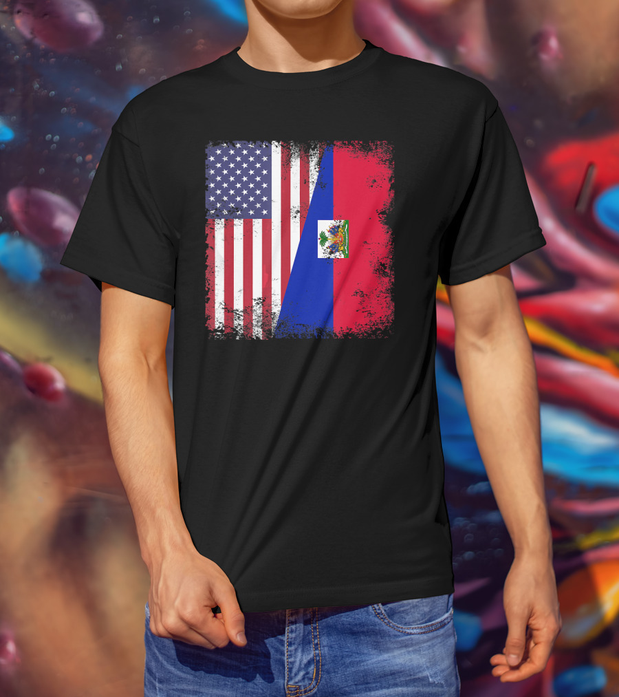 Half Haitian Flag Vintage Haiti U USA Grunge Style Flag Fusion T-Shirt