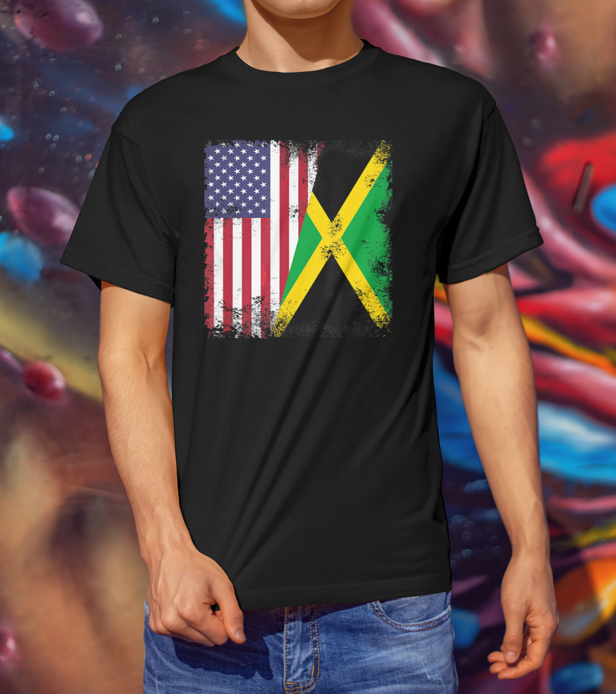 Half Jamaican Flag Vintage Jamaica U.S.A. Flag Overlay T-Shirt