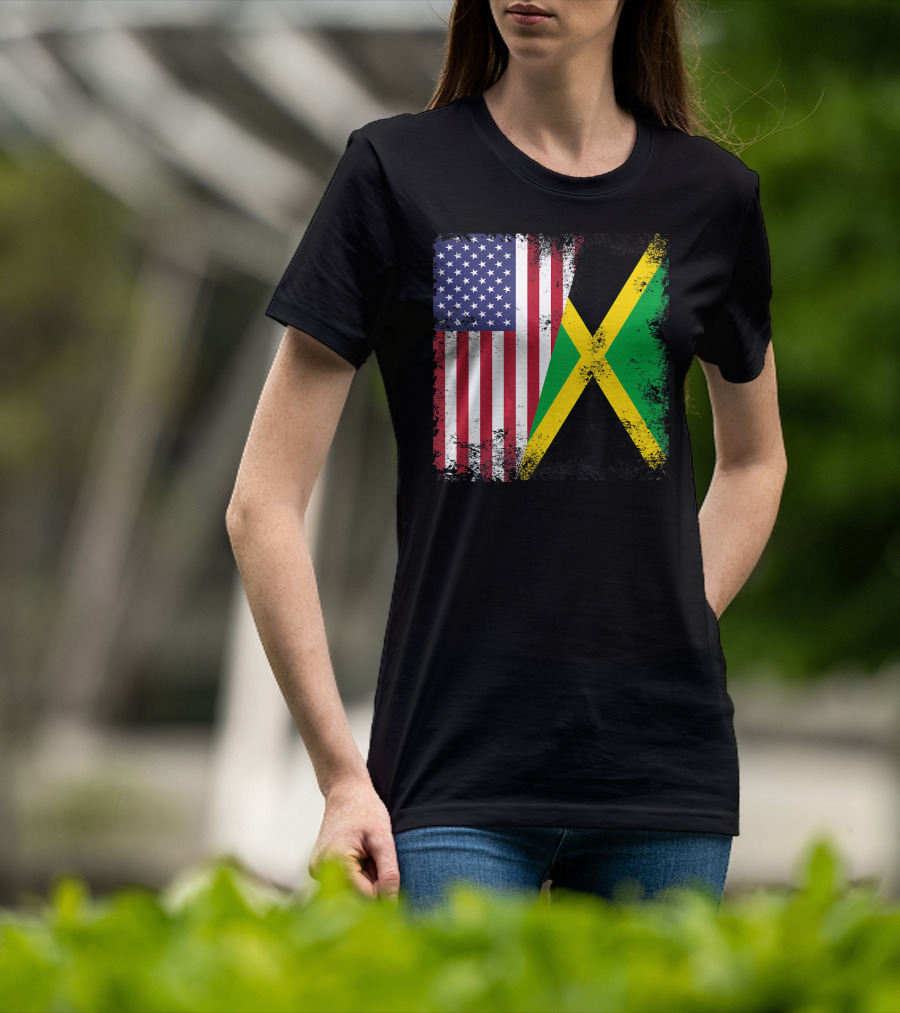 Half Jamaican Flag Vintage Jamaica U.S.A. Flag Overlay T-Shirt
