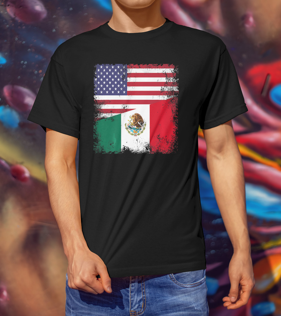 Half Mexican Flag Vintage Mexico U.S. American Flag Dual Heritage T-Shirt