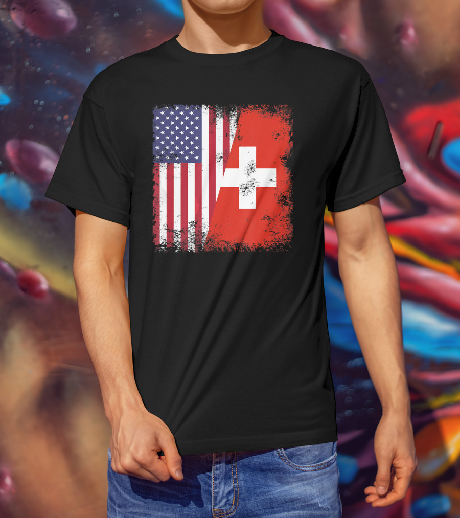 Half Swiss Flag Vintage American Swiss Flag T-Shirt