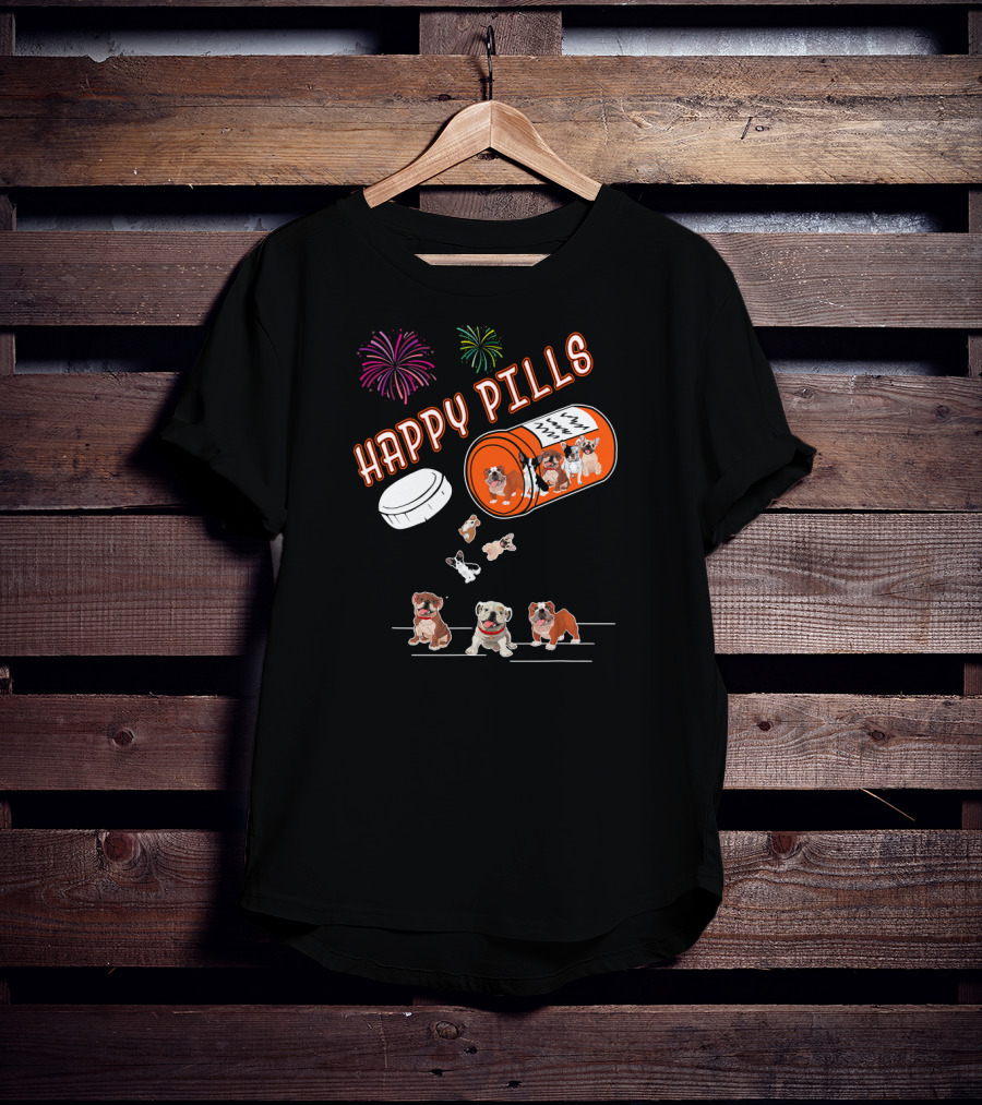 Bulldog Happy Pills Fireworks Prescription Bottle T-Shirt