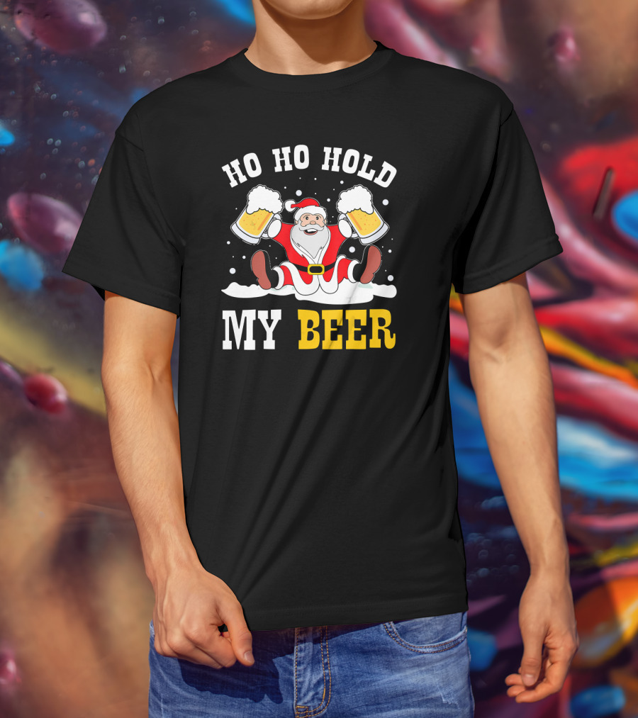Ho Ho Hold My Beer Santa Claus With Beer Mugs In Snow T-Shirt