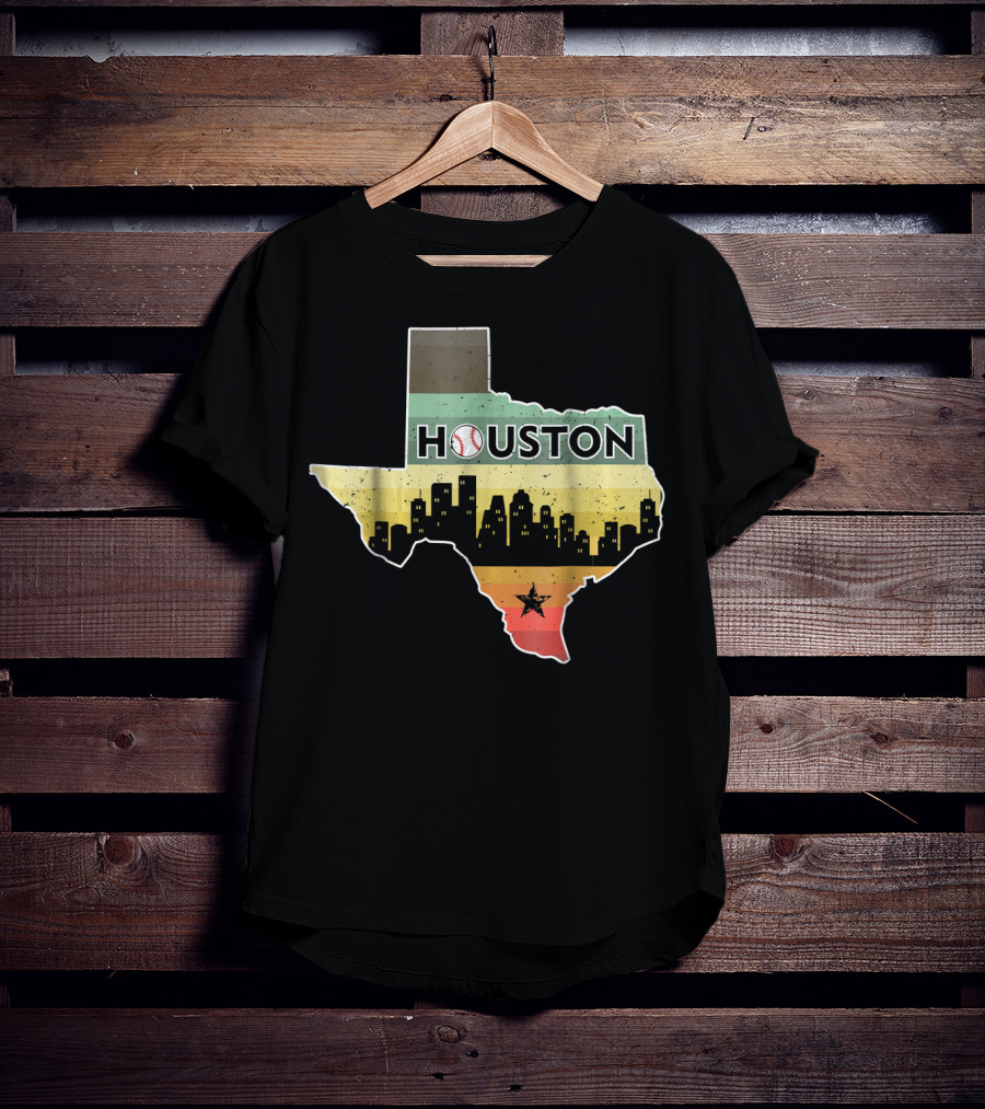 Houston Baseball Skyline With Texas Map And Retro Stripes T-Shirt