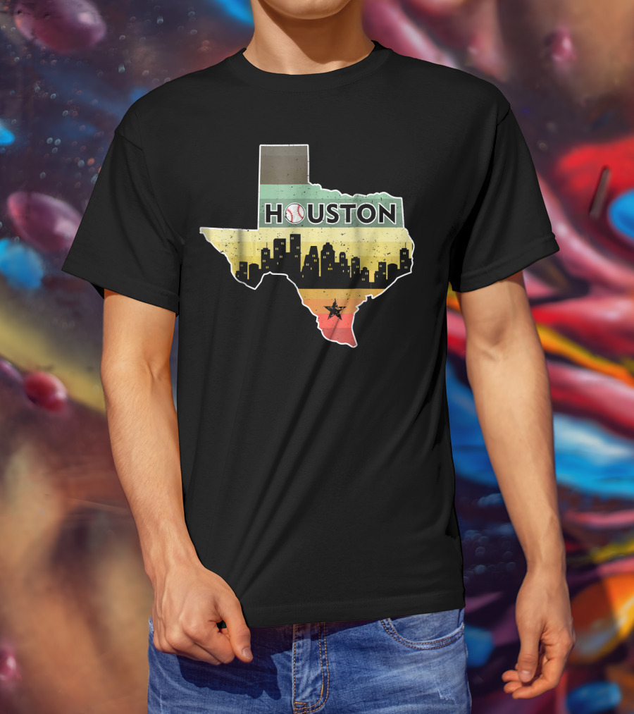 Houston Baseball Skyline With Texas Map And Retro Stripes T-Shirt