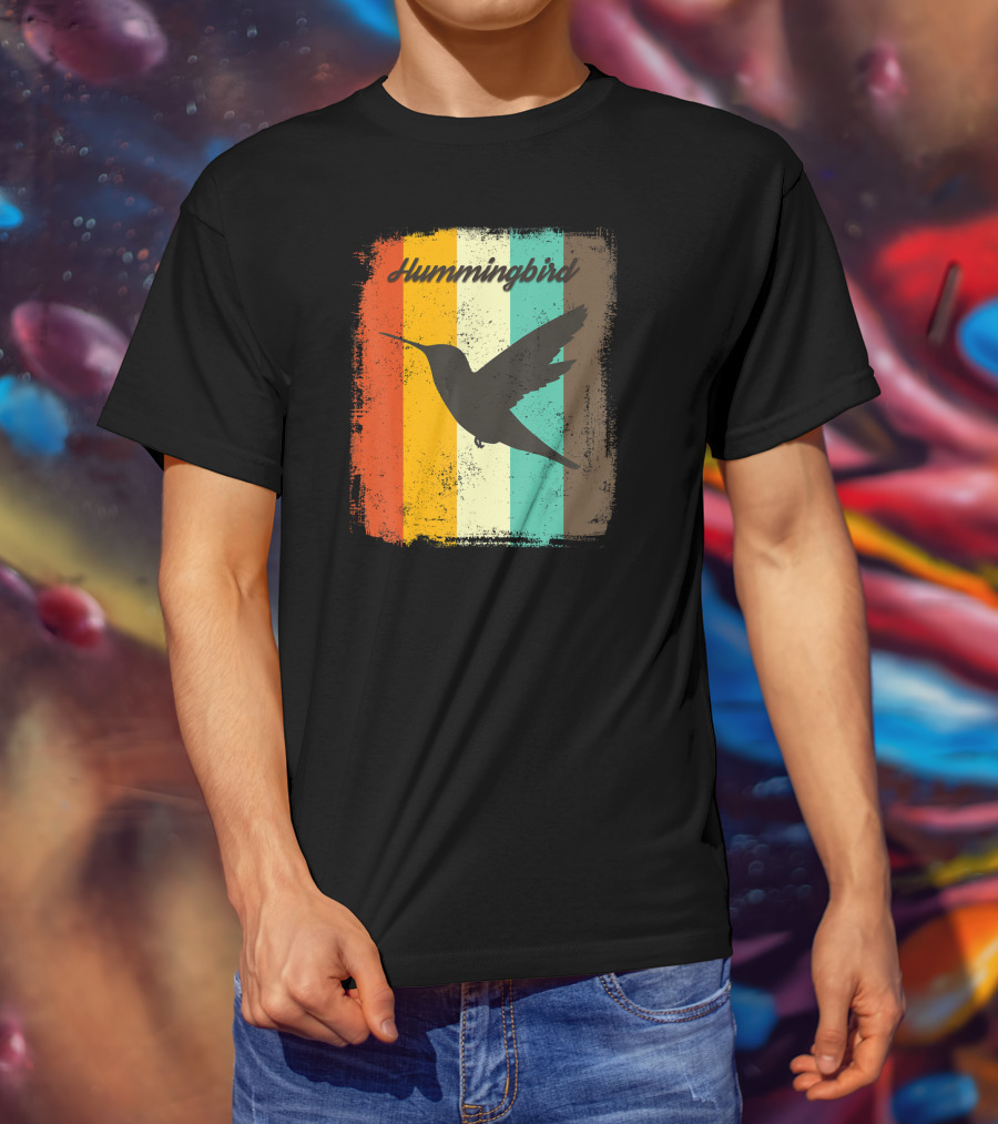 70s Vintage Hummingbird Silhouette Retro Stripes T-Shirt