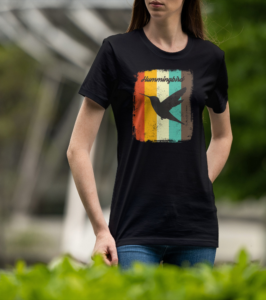 70s Vintage Hummingbird Silhouette Retro Stripes T-Shirt