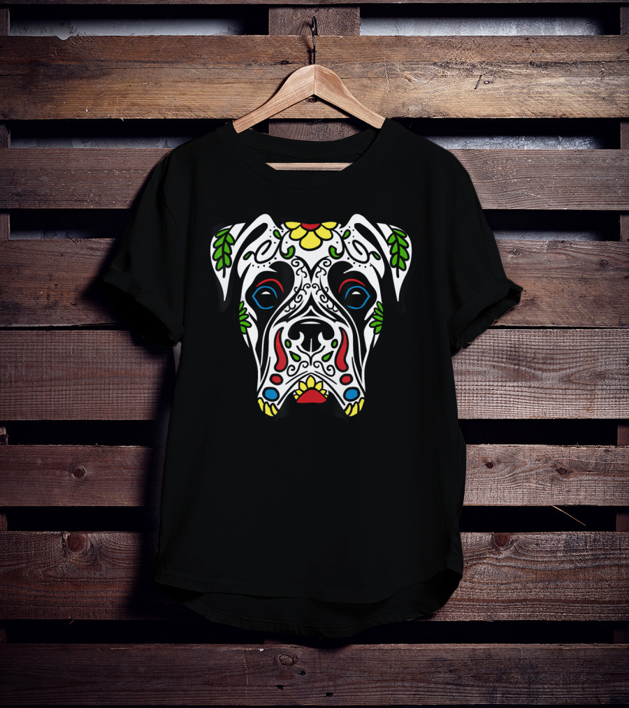 Boxer White Sugar Skull Dog Floral Mexican Día De Los Muertos T-Shirt