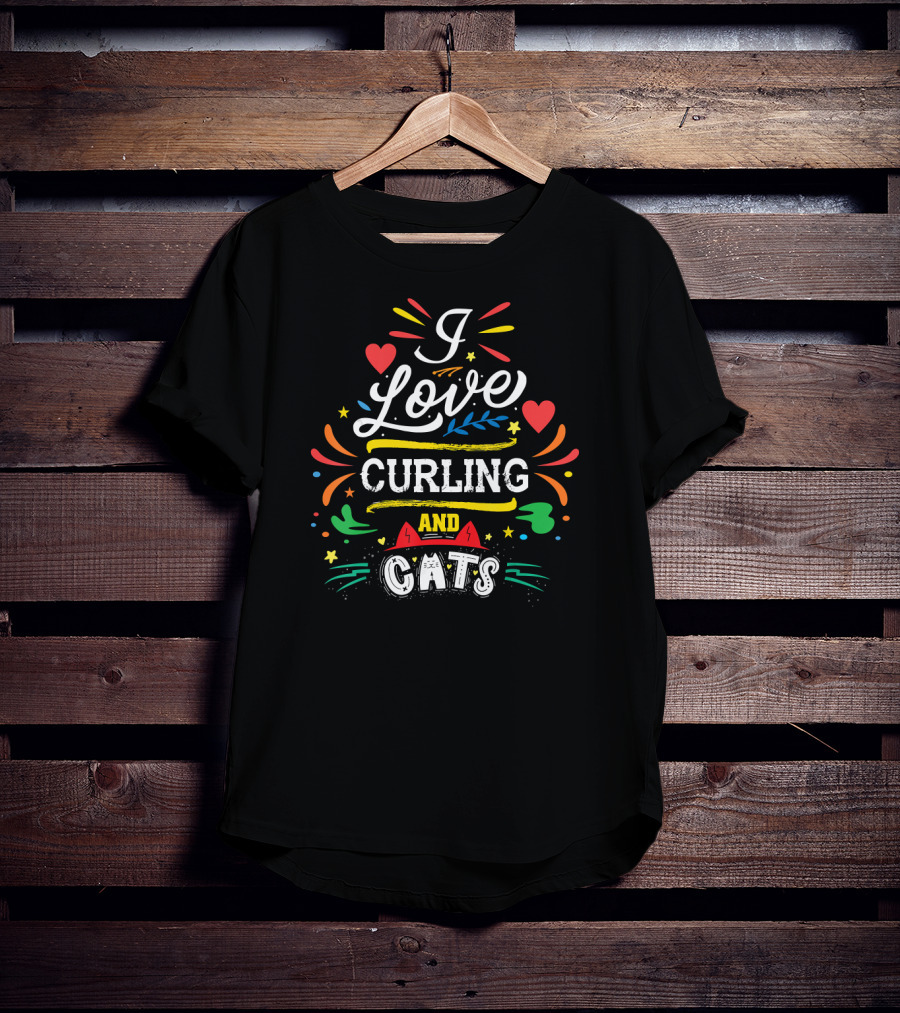 I Love Curling And Cats Colorful Heart Accents T-Shirt