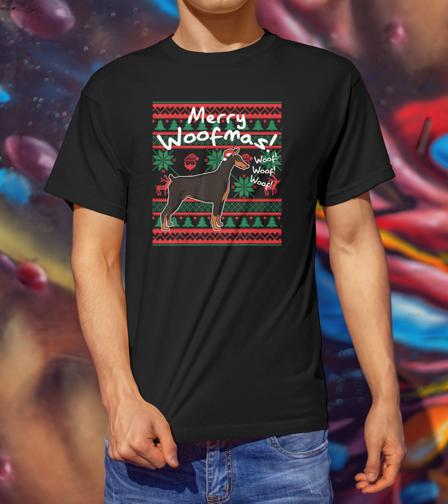 Merry Woofmas Doberman Dog Woof Woof Christmas T-Shirt