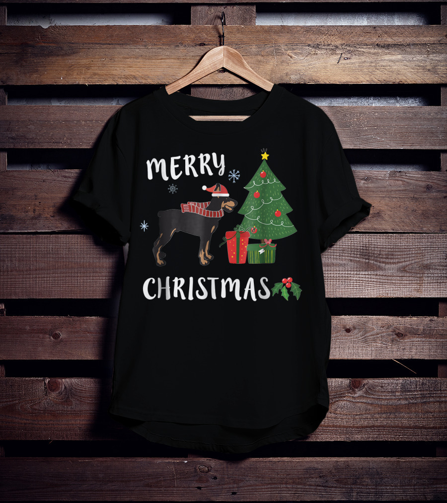Merry Christmas Doberman With Santa Hat And Christmas Tree T-Shirt