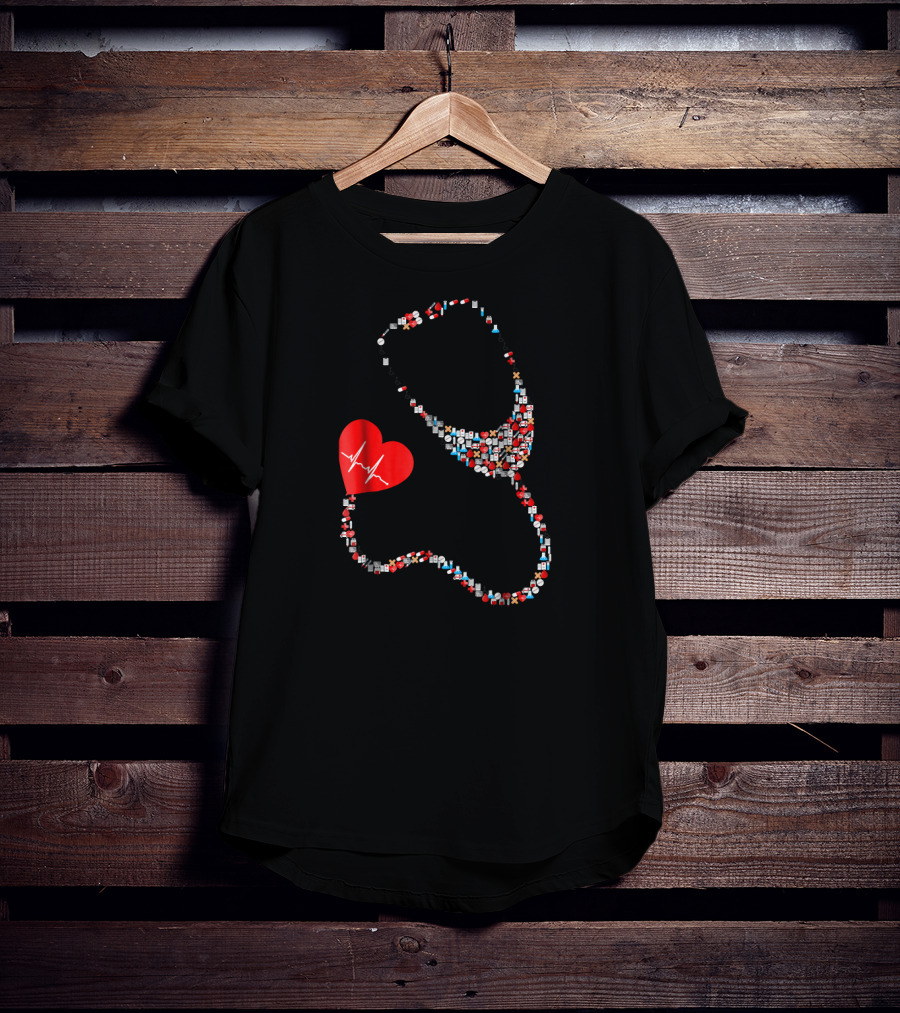 Doctor Or Nurse Stethoscope With Red Heart Icon And Medical Symbols T-Shirt