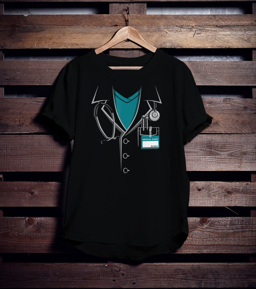 Medical Staff Doctor White Lab Coat With Stethoscope And ID Badge T-Shirt