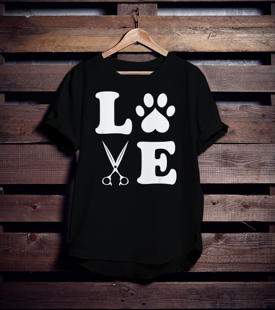 LOVE Dog Grooming With Scissors And Paw Prints T-Shirt
